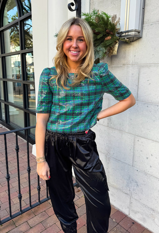 Emerald Plaid Sequin Top